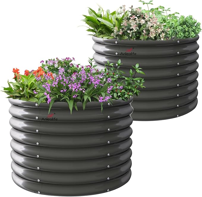 A ANLEOLIFE Raised Garden Bed Bundle with 230FT Drip Irrigation System Kit 8x4x2ft Oval Metal Bed + 2-Pack Round Metal Planters Quartz Grey