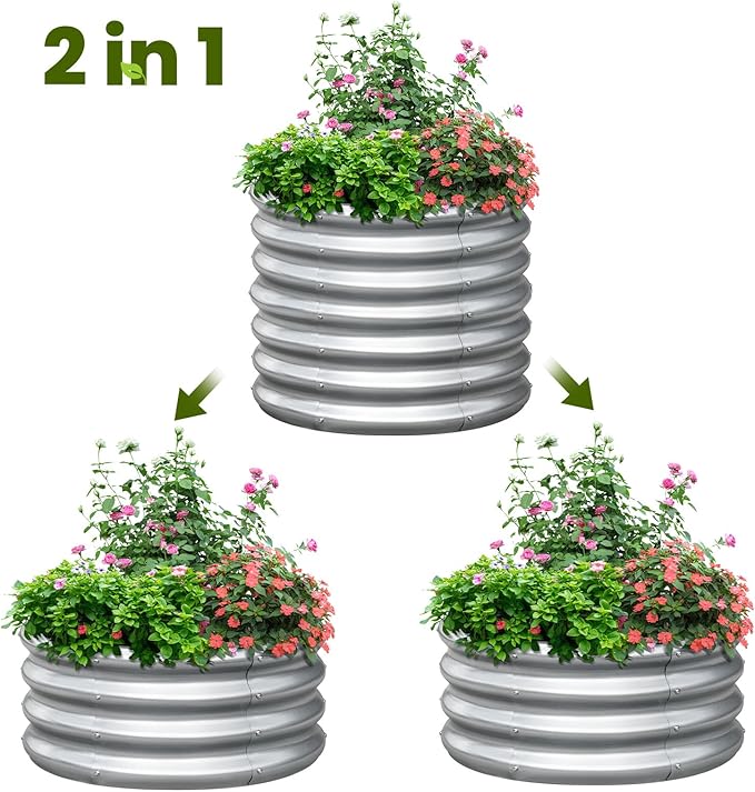 KING BIRD Raised Garden Bed Galvanized Round Planter Box Outdoor for Gardening Plants Vegetables Flowers Silver 24x24x12 in 2 Packs