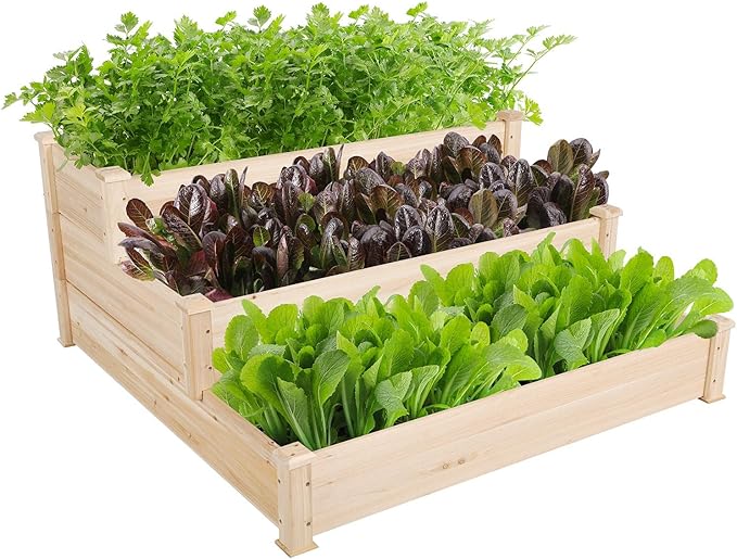 Topeakmart 3 Tier Raised Garden Bed Wood Garden Box Wooden Vegetables/Flower/Herb Elevated Garden Planter Boxes Outdoor Wood