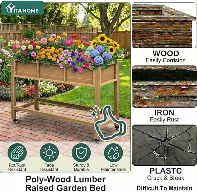 YITAHOME Raised Garden Bed HDPE 47x18x31In Poly-Wood Weather-Resistant Raised Flower Bed Elevated Planter Box with Lockable Wheels for Vegetables Brown