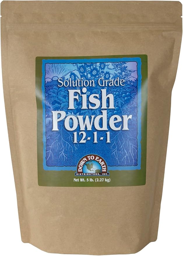 Down to Earth All Natural Fertilizers Organic Solution Grade Fish Powder - Water Soluble Nitrogen - Makes up to 250 Gallons of Liquid Fish Fertilizer for Soil or Foliar Spray 12-1-1 5 lb