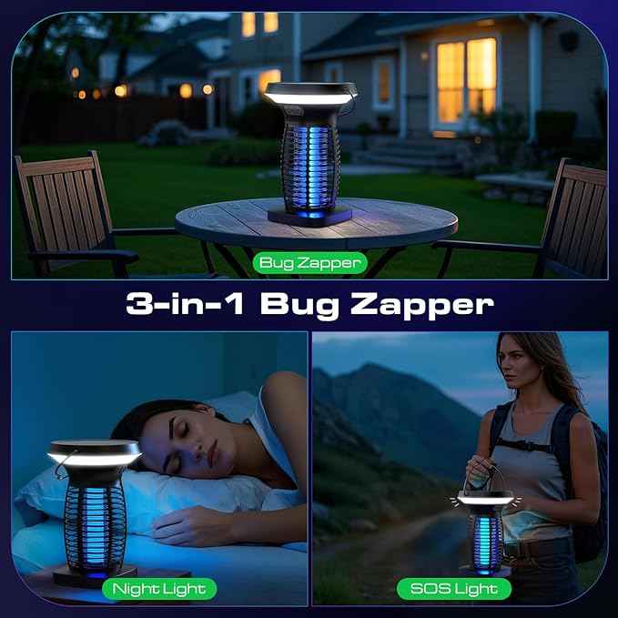 Solar Bug Zapper Outdoor Mosquito Zapper Outdoor Waterproof Electric Rechargeable Fly Zapper with Solar Panel 4200V Fly Trap Indoor for Home Backyard Patio Garden Camping