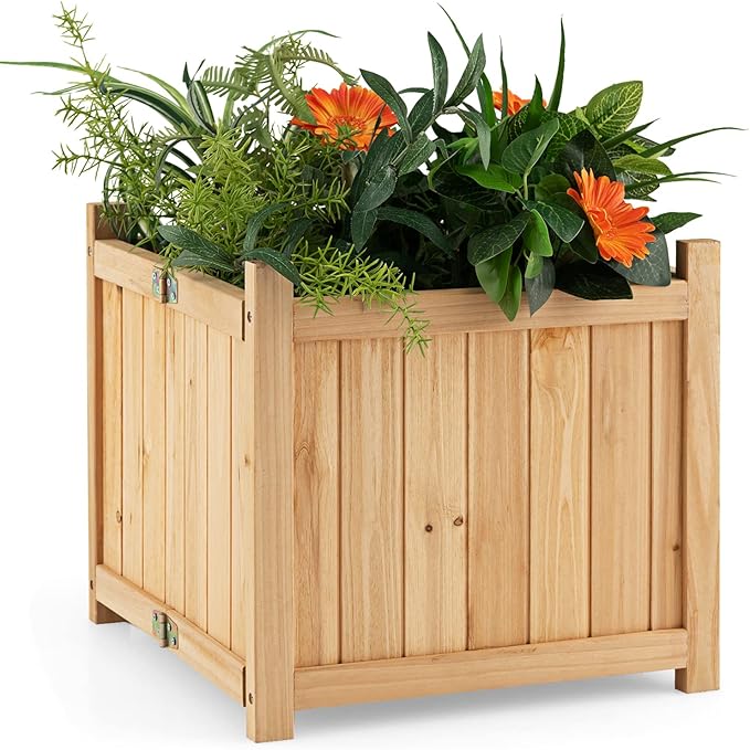 LDAILY Foldable Raised Garden Bed Easy Assembly Raised Bed with Bottom &amp Drainage Hole Wood Planter Box for Flowers/Vegetables/Fruits in Backyard Patio (15 L x 15 W x 14 H)