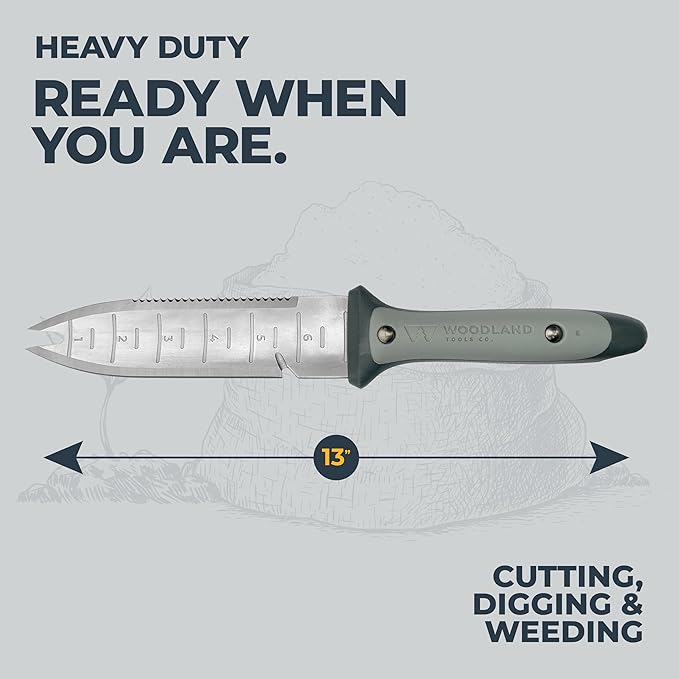 WOODLAND TOOLS Heavy Duty Hori Hori Garden Knife - Stainless Steel Soil Knife with Serrated Edge Depth Markings and Ergonomic Grip Multi-Use Weeding and Digging Tool with Sheath for Gardening