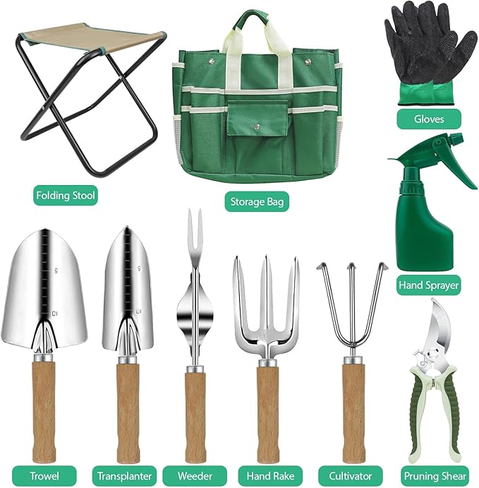 LeMotech Garden Tool Set10 Pieces Heavy Duty Gardenting Tool Kit Folding Stool with Detachable Tote Bag Thicker Stainless Steel Tools (Trans-PlanterTrowelWeeder etc.) for Women Men