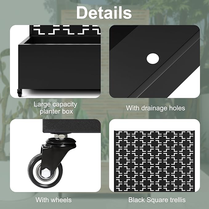 Metal Large Planter Box with Trellis Privacy Screen Outdoor Raised Garden Beds with Wheels for Climbing Plants Vines Outdoor Standing Flower Beds with Drainage Holes (47L Black Square)