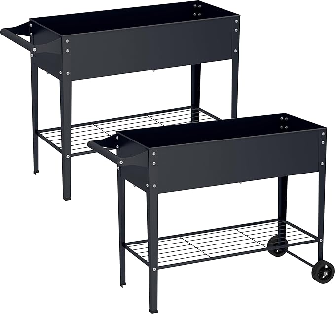 Elevate 2Pcs 32 Tall Raised Garden Bed with WheelPlanter Box for BackyardOutdoor Garden Patio Balcony 400lb CapacityGrey