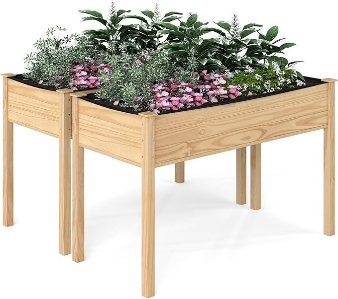 S AFSTAR 2 Pieces Wooden Raised Garden Bed with Legs Planter Box with Liner &amp Drainage Holes for Vegetable Flower Herb Indoor Outdoor Elevated Gardening Box for Backyard Patio Balcony