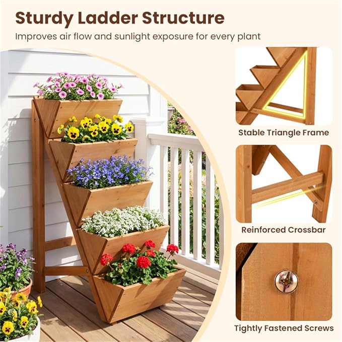 5-Tier Vertical Raised Garden Bed for Flowers Wooden Ladder Large Capacity Plant Stand for Balcony 59 Tall Fir Wood Planter Shelf with 12X21 Base Corner Plant Shelf for Patio Decor Plant Holder