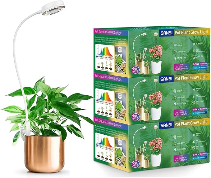 SANSI Grow Lights for Indoor Plants Pot Clip LED Plant Light for Growing Full Spectrum Plant Growing Lamp with 4-Level Dimmable Auto On Off 3 6 12 Hrs Timer for Pot Plants White