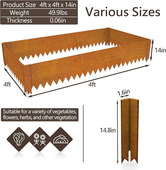 Cor-Ten Steel Raised Planter with Rust Patina Finish Pre-Rusted Cor-Ten Raised Garden Bed Kit4FT x 4FTx 14IN