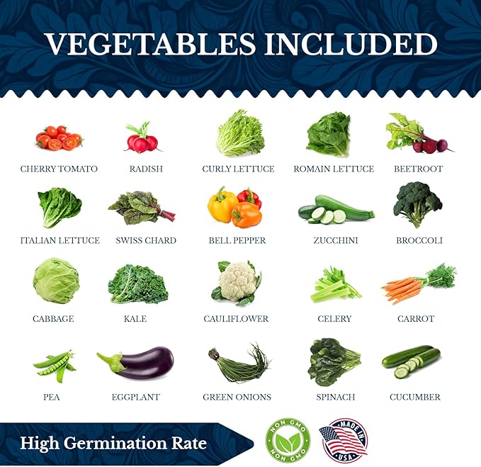 20 Vegetable Seeds Variety Pack - Complete Grow Kit Heirloom Vegetables Indoor Outdoors Vegetable Seeds Tomatos Broccoli Carrots Lettuce &amp More - DIY Starter Kit (Complete Starter Kit (w/Seeds