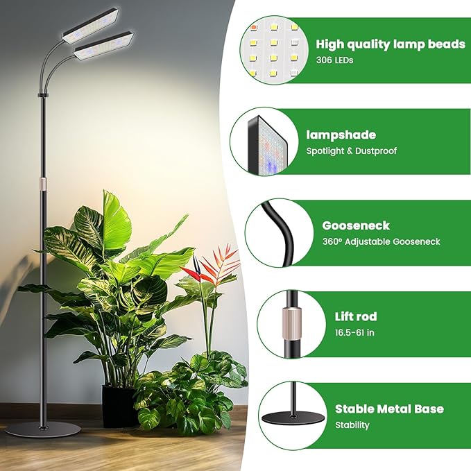 Wiaxulay Grow Light with Stand Full Spectrum Floor Plant Lights for Indoor Growing Height Adjustable 24-68 Ideal for Growing Large Plants 4/8/12/16H Timer3 Lighting Modes306 LED (2 Heads)