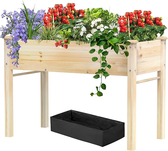 New Upgrade Wooden Raised Garden Bed 48x24x31IN Elevated Reinforced Large Planter Box with Legs for Vegetable Flower Herb Outdoor Standing Growing Bed for Gardening/Backyard/Balcony Liner Included