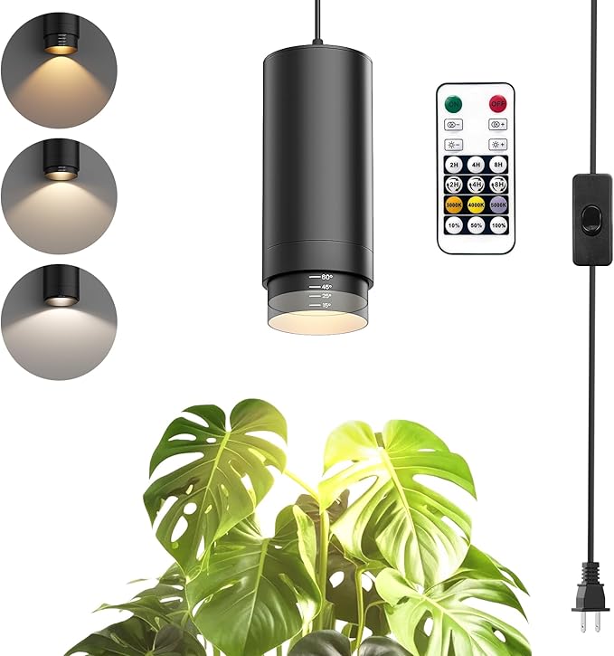 Zoomable Remote Pendant Grow Lights with Auto On/Off Timer 30W Full Spectrum LED Plant Light 2700K-6000K Dimmable Plug in Hanging Lights for Indoor Plants 20FT Power Cord Black