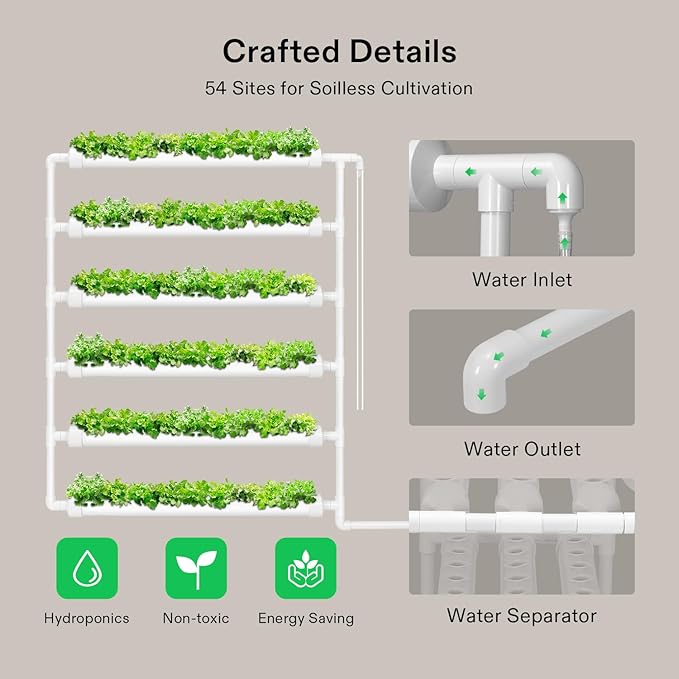 VIVOSUN Hydroponic Grow Kit 54 Plant Sites 6 Food-Grade PVC-U Pipes Hydroponics Planting System with Water Pump Pump Timer Nest Basket and Sponge for Leafy Vegetable