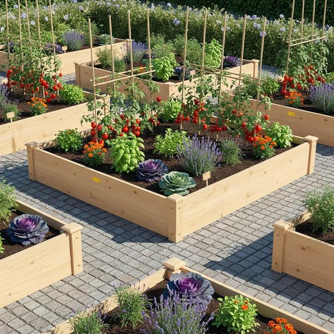 Hollyone 48 X 48 inches Wood Raised Garden Bed Frame Planters Wooden Elevated Planting Planter Box for Outdoor Herb Vegetables Flowers Grass Lawn Yard Patio - Natural 4×4ft