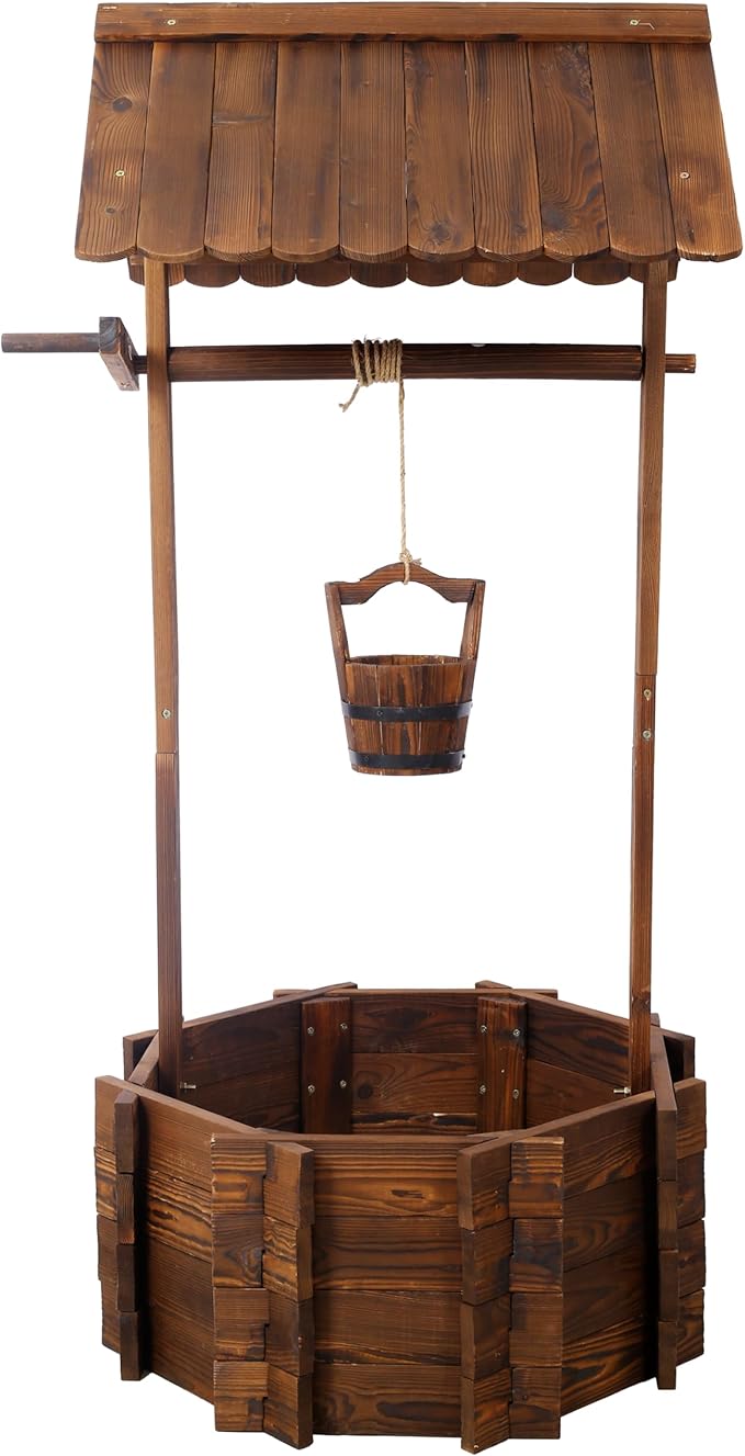 Rustic Wooden Wishing Well Planter Outdoor Home Décor for Patio Garden Yard wHanging Bucket