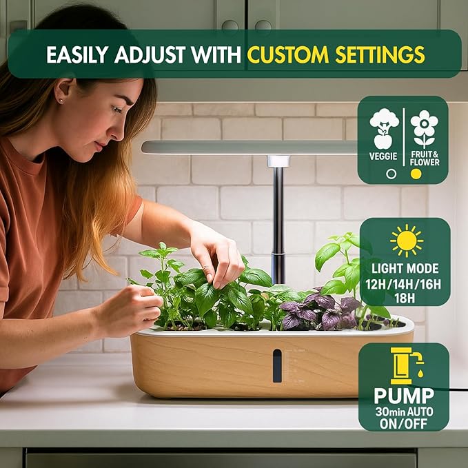 Hydroponics Growing System Kit Indoor Herb Garden 14 Pods Upgraded LCD Display LED Grow Light Quiet Smart Water Pump Automatic Timer Hydroponic Planter for Home Kitchen Office (White)
