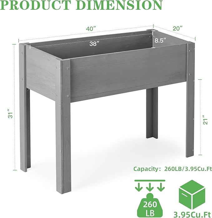 Raised Garden Bed with Legs 40x20x31'' Solid Wood Elevated Planter Box for Outdoor Backyard Patio