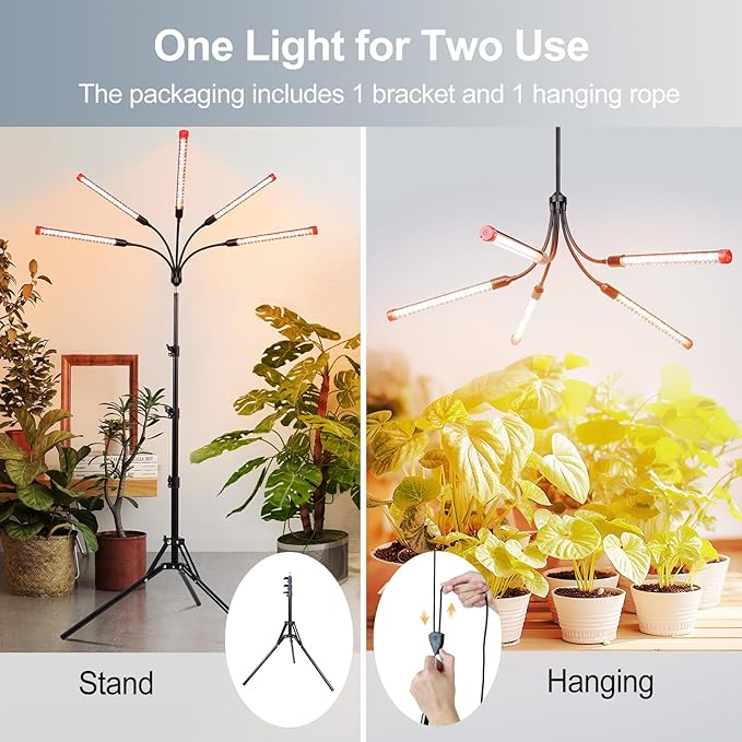 FECiDA Gamechanger! 45 Watt Power Draw NO Need Adapter 5Head Grow Light with Tripod Stand 2026 Big Coverage LED Grow Lights for Indoor Tall Plants Bonsai Tree 4/8/12/16/20H Timer