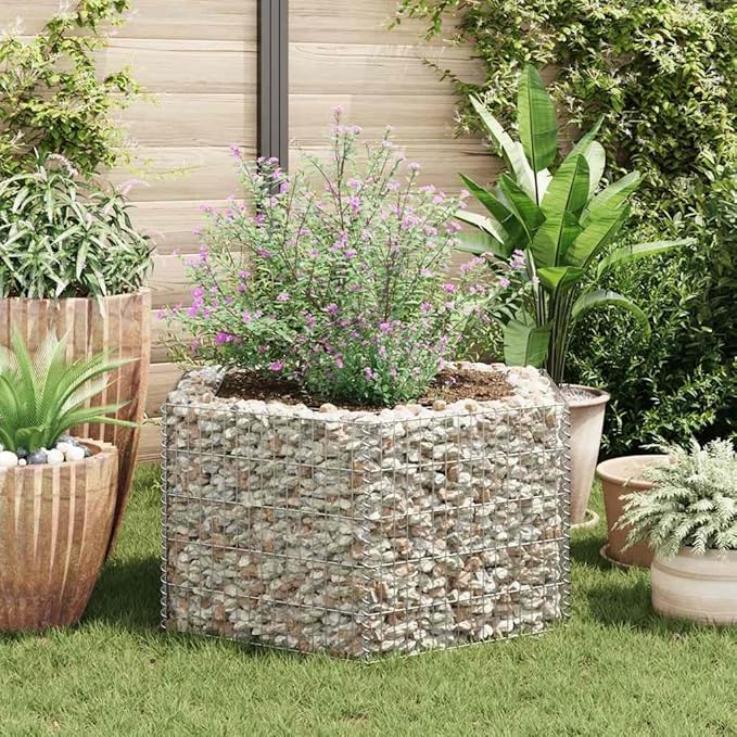 Gabion Raised Bed Silver Galvanized Steel Hexagonal Planter for Outdoor Plants Heavy Weight Endurance 39.4x39.4x19.7 inch Easy Assembly Gardening Solution
