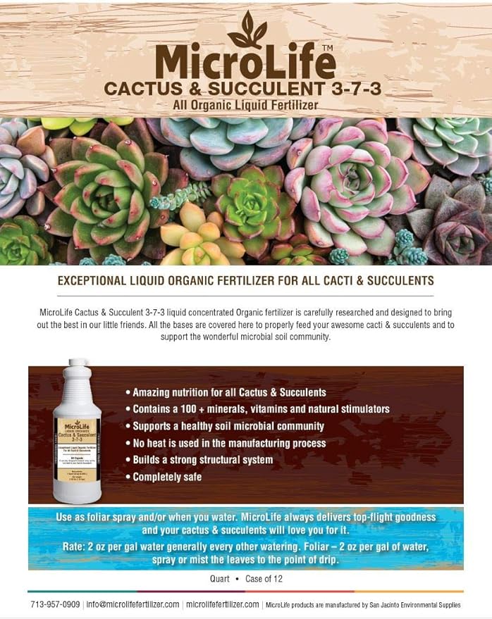 MicroLife Cactus &amp Succulent (3-7-3) Professional Grade Organic Liquid Fertilizer Concentrate 1 Quart