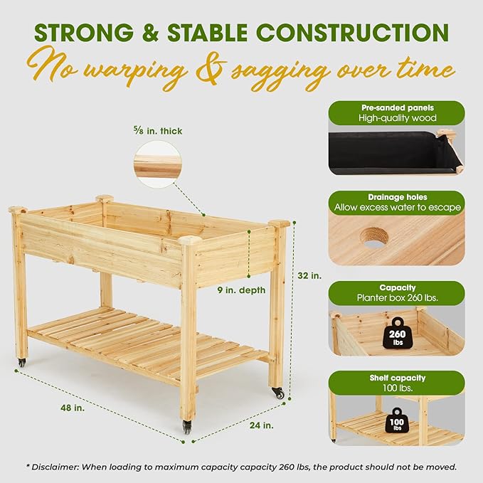 Idzo Raised Garden Bed with Legs Durable Elevated Garden Box with Wax Oil Coated 48x24x32in Wood Planter with Big Planter Box Load Up to 260 Pounds Ergonomic Height for Convenient Plants Care