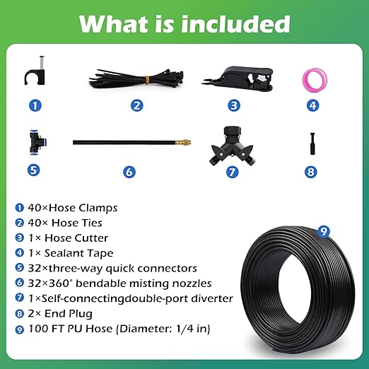 Drip Irrigation System 100 FT with 32 Nozzles 360° Adjustable Bendable Garden Watering Misting System for Greenhouse Yard Lawn Plant Garden 1/4 inch Hose