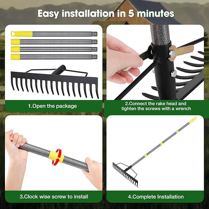 Heavy Duty Bow Rake 17 Tines Metal Garden Rake with Adjustable Handle for Leaves Lawn Soil Sod - 35-67 Metal Handle (Black)