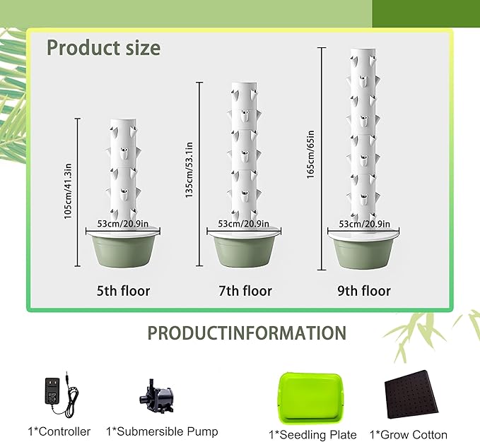 5/7/9-Tier Vertical Hydroponic Growing System - Space Saving Indoor Herb Garden Kit for 20-36 Plants Soilless Aeroponic Tower for Lettuce Basil Strawberries (Green 7-Layer Grower)