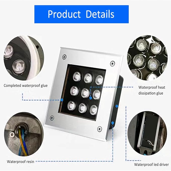 Ground LED Spotlight - Outdoor Buried Lights 24V Low Pressure Square Gardens Floor Lamp IP67 Waterproof Embedded Landscape Lights for Patio Bridge Pathway ExRed-9w