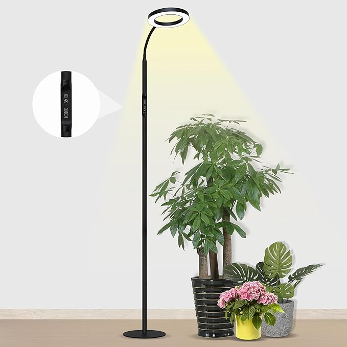 Grow Light for Indoor Plants Full Spectrum Led Plant Growing Lights with Stand Tall Halo Floor Growth Lamp with Timer Height Adjustable Dimmable Brightness for Large Plants