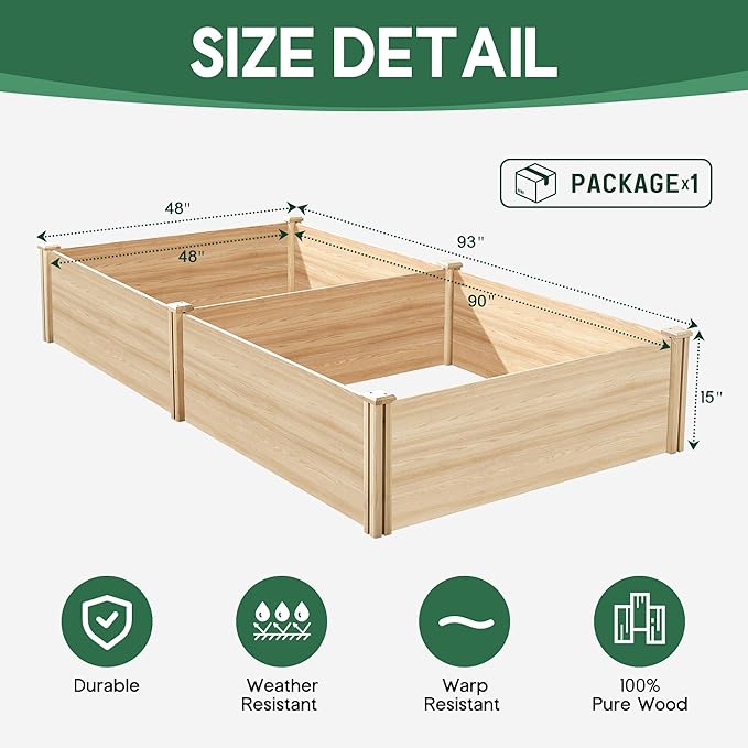 SPECRAFT 15 Inch Depth 8x4 FT Deep Wooden Raised Garden with Open Base Extra Large Planter Box for Deep-Rooted Plants Ideal for Outdoors Patio Backyard