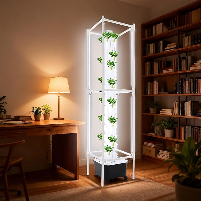 Hydroponic Grow Tower 14 Layers 70 Holes Hydroponic Gardening Tower Vertical Hydroponic Growing Kit Floorstanding Hydroponics System w/LED Lights&ampWheels for Homes Bedrooms Botanical Gardens (Whit