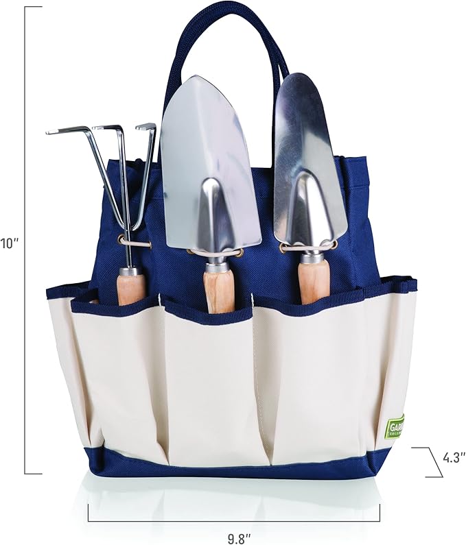 Picnic TIME Disney Mickey Mouse Garden Tote with Tool Set Durable Garden Tool Organizer Bag with 3 Hand Tools and Exterior Pockets Giftable Gardening Essential (Navy Blue with Beige Accents)