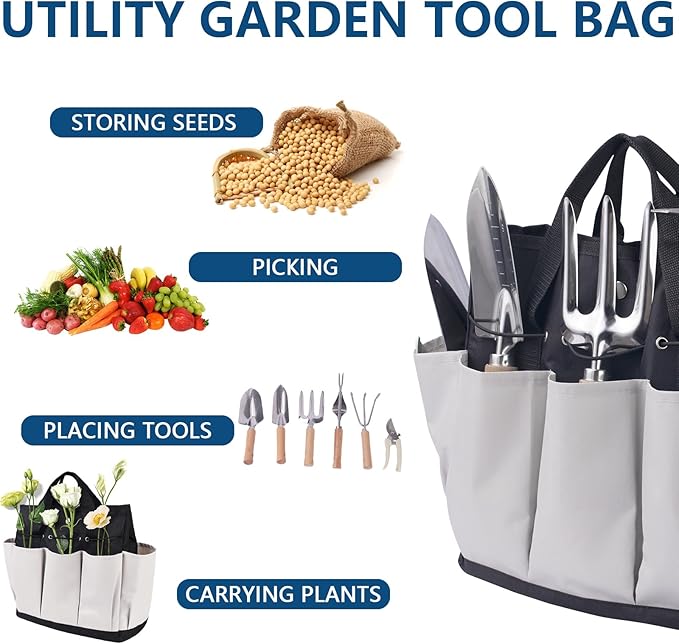Garden Tool Set Stainless Steel Gardening Kit with Large Capacity Garden Tool Bag Outdoor Hand Tools Black Grey Garden Tool Kit for Women and Men
