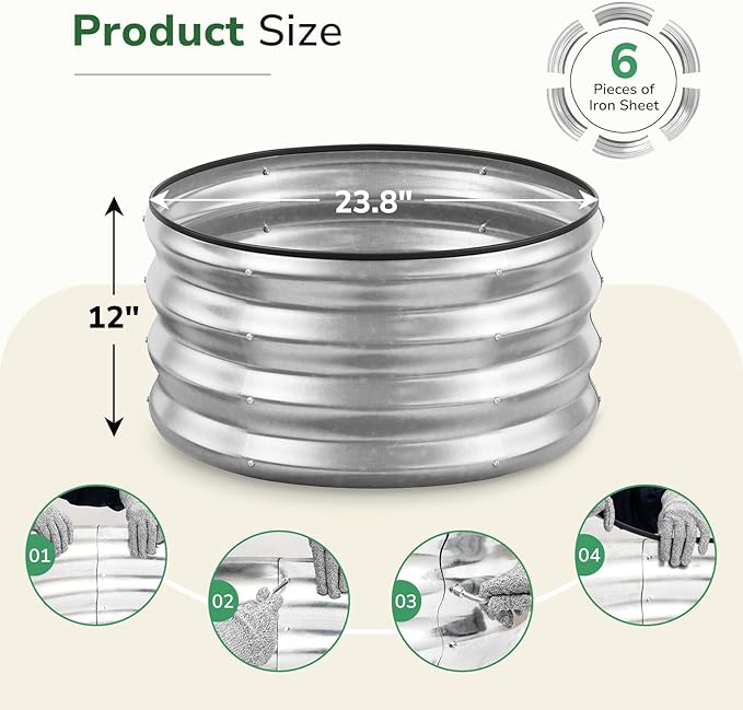 GreatBuddy 2x2x1 ft Round Galvanized Raised Garden Bed Easy-Assembly Raised Bed with Anti-Cut Gloves &amp Tools Rust-Proof Garden Bed for Outdoor Vegetables Herbs Small Trees Silver
