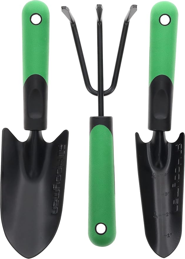 Hooyman Garden Tool Set Including Cultivator Transplanter and Trowel with Heavy Duty Steel Construction No-Slip H-Grip Handles and Blade Measurement Markings for Gardening Weeding and Outdoors