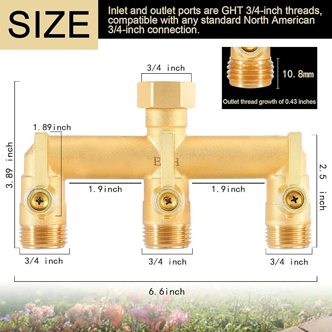 EBH Brass Garden Hose Splitter 3 Way High Flow Outdoor Faucet SplitterFull Flow 3-Way Brass Heavy Duty Hose Splitter With 3 Long Metal Handle and Individual On/Off Valve。