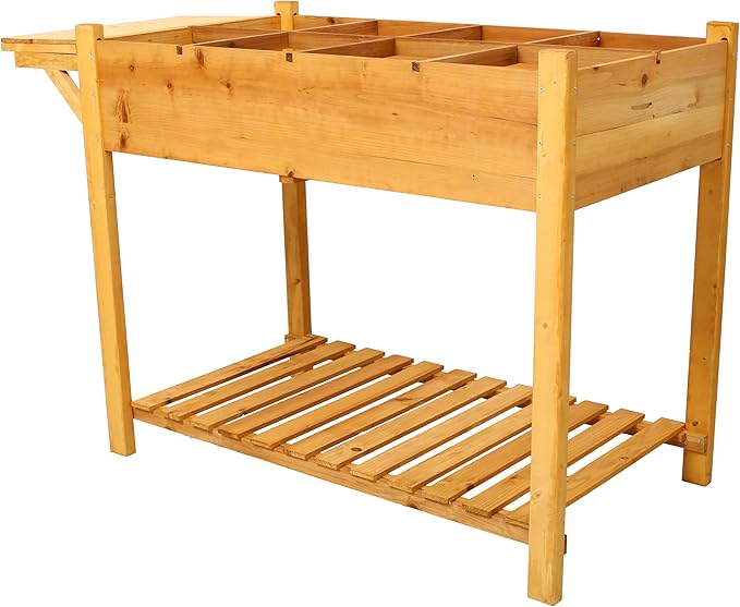 8 Pockets Horticulture Raised Garden Bed Elevated Wood Planter Box Stand with Foldable Side Table and Storage Shelf for HerbVegetablesFlowers