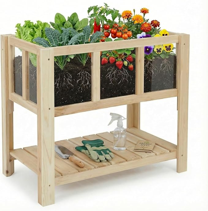 Raised Garden Bed for Small Balcony 28.3''x16.3''x23.6'' Wood Planter Box with Transparent Window Drainage Holes Storage Shelf Garden Beds Flower Stand Patio Kitchen Gift for Gardening
