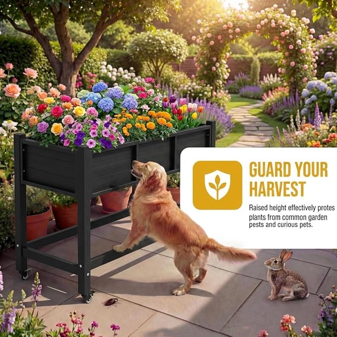 DWVO 47x18x31in Raised Garden Bed HDPE Weather-Resistant Poly Wood Planter Box Stand Planter Box with Legs &amp Lockable Wheels Elevated Garden Bed for Backyard Patio Balcony - Black