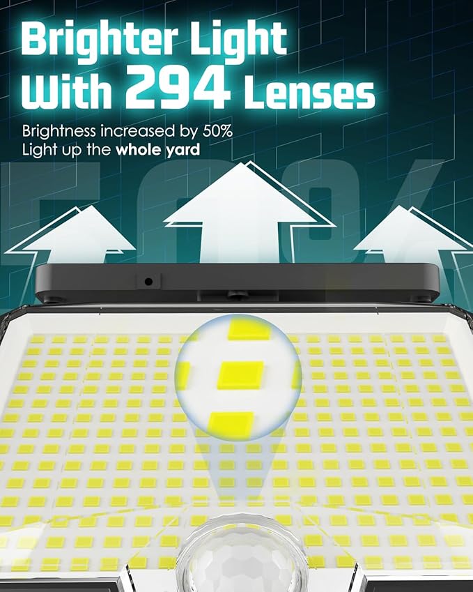 4 Pack 63 LED 3 Lighting Modes IP65 Waterpoof Solar Spot Warm Lights and 2 Pack 294 LED IP67 Solar Flood Lights