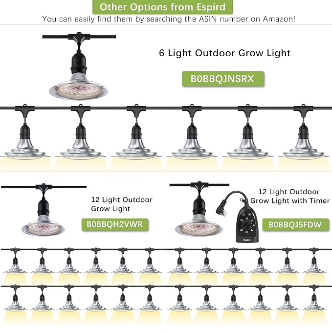 Espird Outdoor LED Grow Light with Timer 6-Bulbs Full Spectrum Grow Light Strip Waterproof Plant Lamps UL Certified String Grow Lights for Greenhouse Garden 21.3FT Light for Veg Seedling Flower