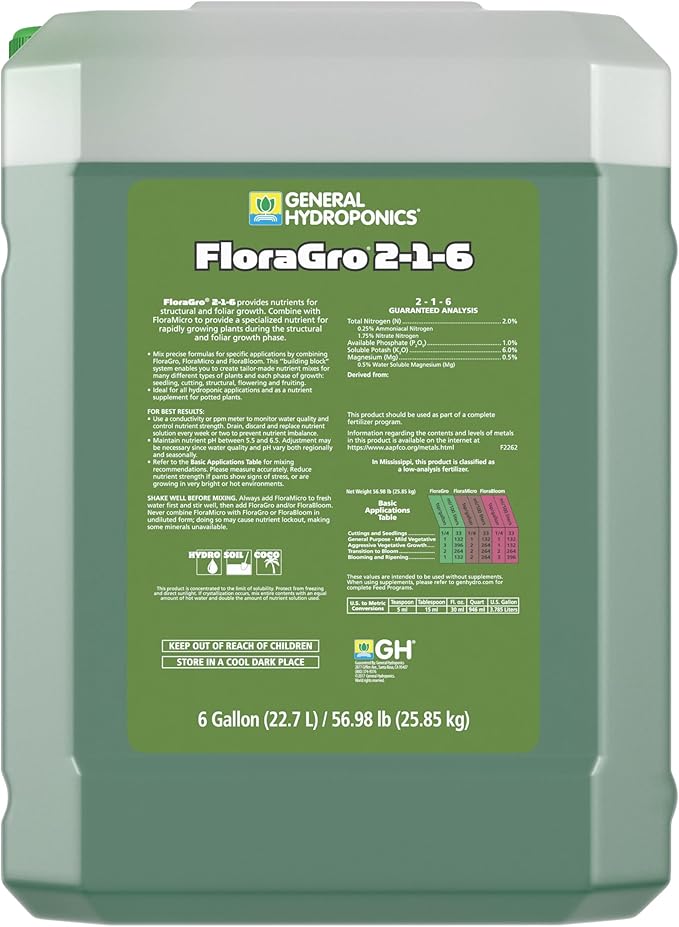General Hydroponics FloraGro Plant Food 2-1-6 6 gal.