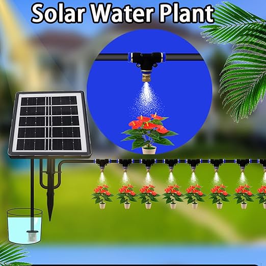 Solar Powered Spray Irrigation System Kit Flexible Watering Schedule Solar Auto Irrigation System with 2200mAh Battery IP67 Water Proof 10m Hose15 Flower Pots for Garden Lawn