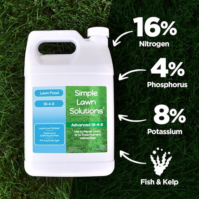 Advanced 16-4-8 Lawn Fertilizer - Liquid Lawn Food Spring &amp Summer Concentrated Spray - Any Grass Type- Fish and Seaweed Kelp- Balanced NPK - Simple Lawn Solutions (1 Gallon)