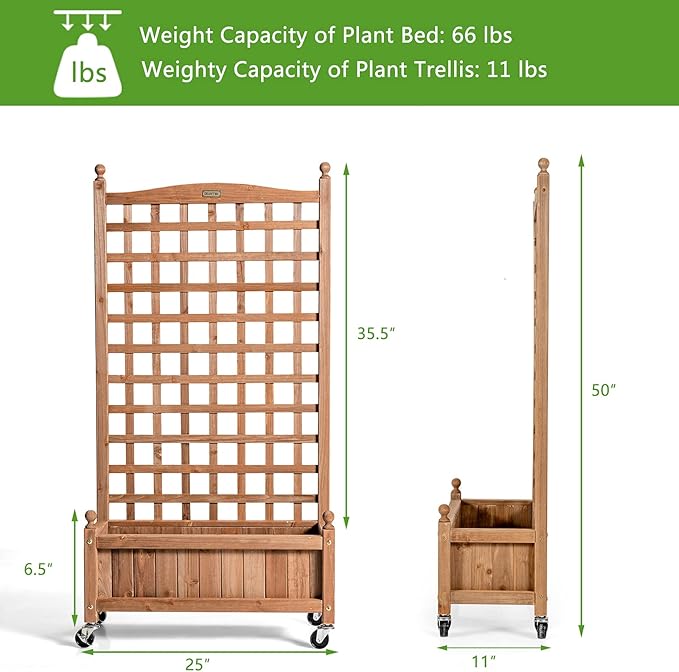 Giantex Set of 2 Mobile Plant Raised Bed Wood Planter with Lattice Trellis and Wheels Flower Box for Plant Climbing Vertical Garden for Balcony Patio Yard 25x11x 50