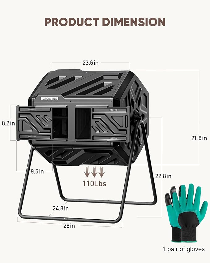 THEGROW'ING Updated 43 Gallon Compost Bin Outdoor Fast Assemble Tumbling Composter Dual Chamber Composter Tumbler Rotating Compost Bin for Outside Backyard Garden and Yard Black